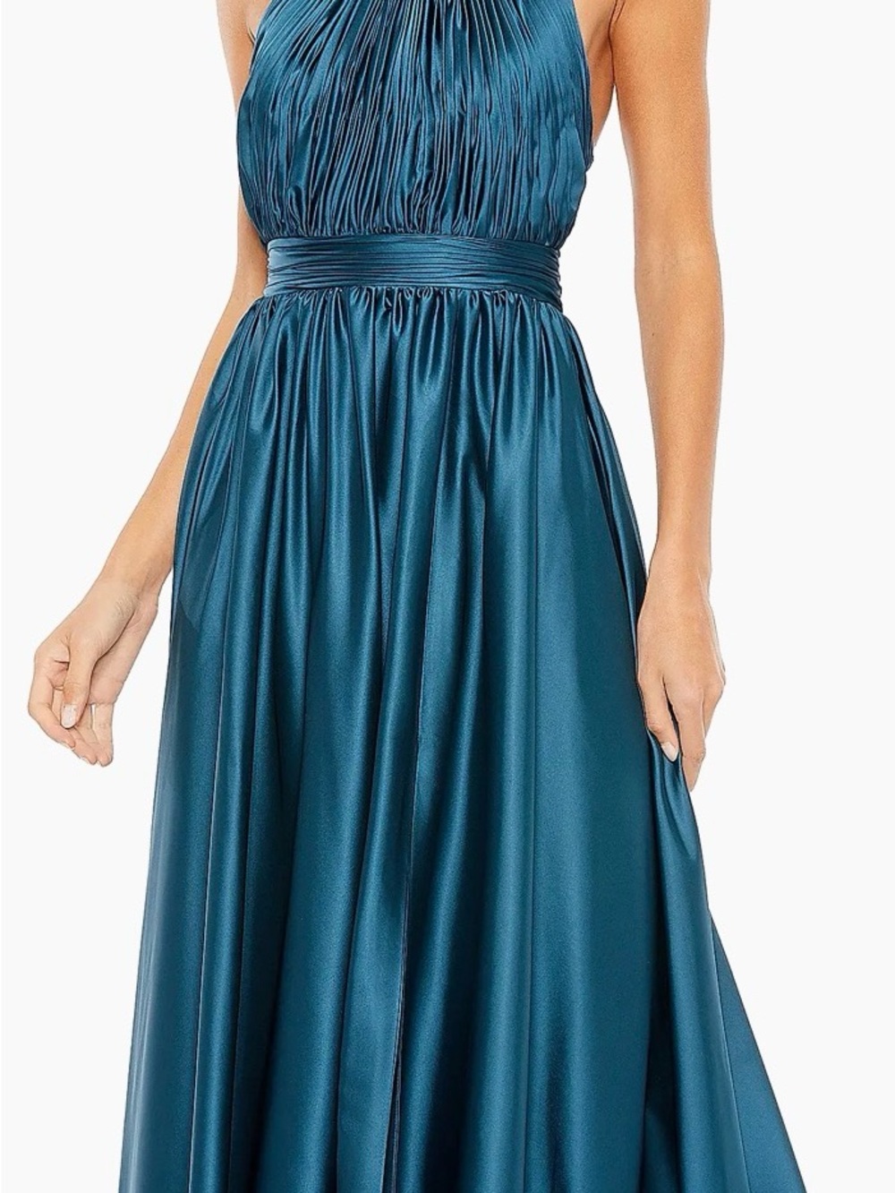 Mac Duggal Teal Halter Maxi Satin Evening Gown